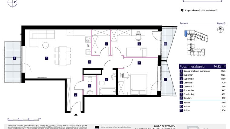 Rzut - Mieszkanie na sprzedaż 3 pokoje o powierzchni 74,82 m² - numer 15/63 w Osiedle Neonowe