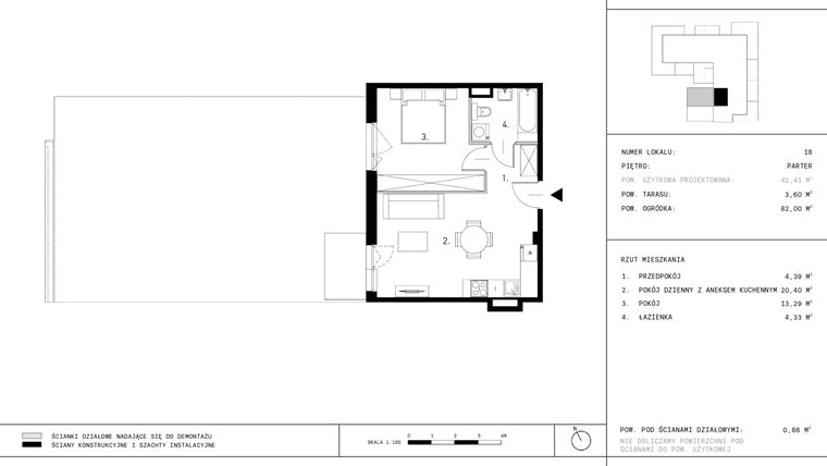 Rzut - Mieszkanie na sprzedaż 2 pokoje o powierzchni 42,41 m² - numer A9.18 w Dzikiej Jabłoni 6A