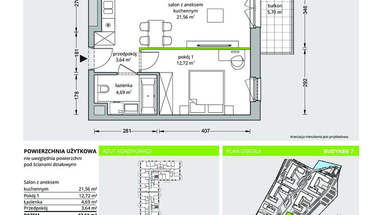 Rzut - Mieszkanie na sprzedaż 2 pokoje o powierzchni 42,47 m² - numer B7/A/48/M w Ceglana Park