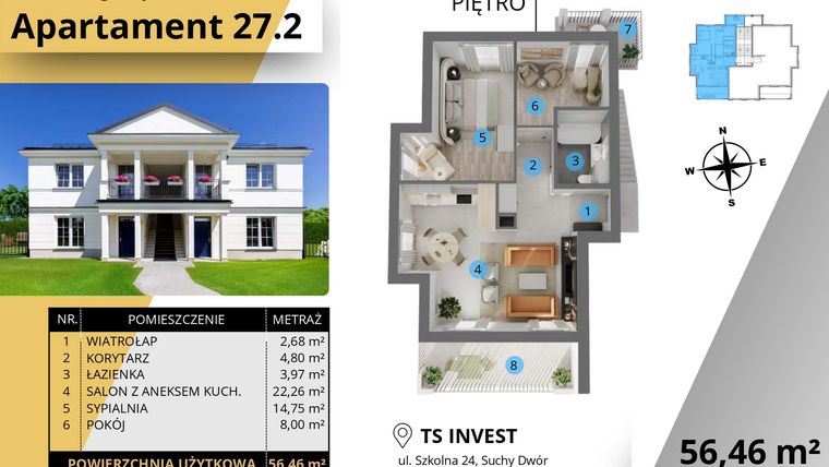 Rzut - Mieszkanie na sprzedaż 2 pokoje o powierzchni 56,46 m² - numer 27.2. w Ogrody Tesoro VI