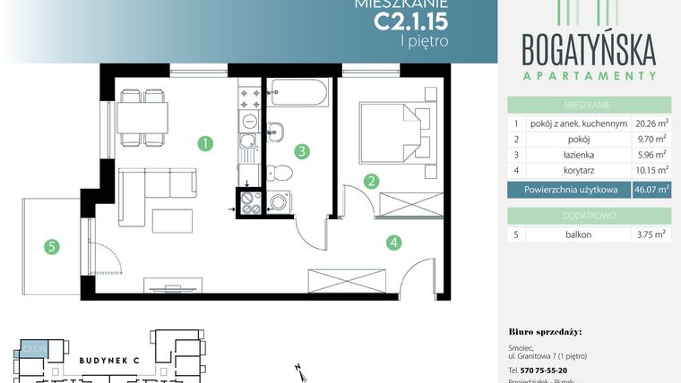 Rzut - Mieszkanie na sprzedaż 2 pokoje o powierzchni 46,07 m² - numer C2.1.15 w Bogatyńska Apartamenty etap 3