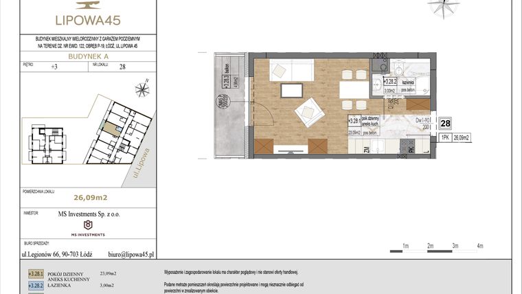 Rzut - Mieszkanie na sprzedaż 1 pokój o powierzchni 26,09 m² - numer A28 w Lipowa 45