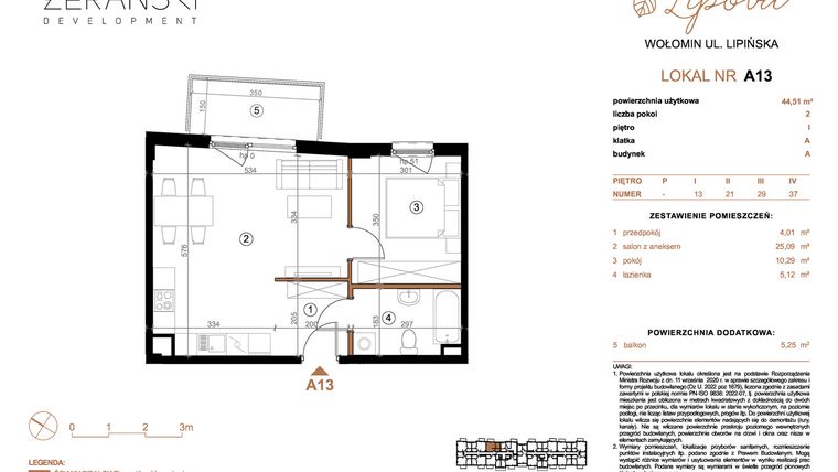 Rzut - Mieszkanie na sprzedaż 2 pokoje o powierzchni 44,51 m² - numer A13 w LIPOVA