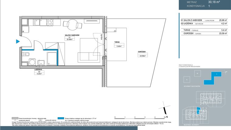 Rzut - Mieszkanie na sprzedaż 1 pokój o powierzchni 30,2 m² - numer L1.1.10 w Nordic Bemowo - etap III