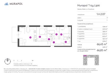Rzut - Mieszkanie na sprzedaż 4 pokoje o powierzchni 66,85 m² - numer 1.A.2.07 w Murapol Trzy Lipki
