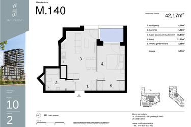 Rzut - Mieszkanie na sprzedaż 2 pokoje o powierzchni 42,17 m² - numer M140 w Sky Trust etap II
