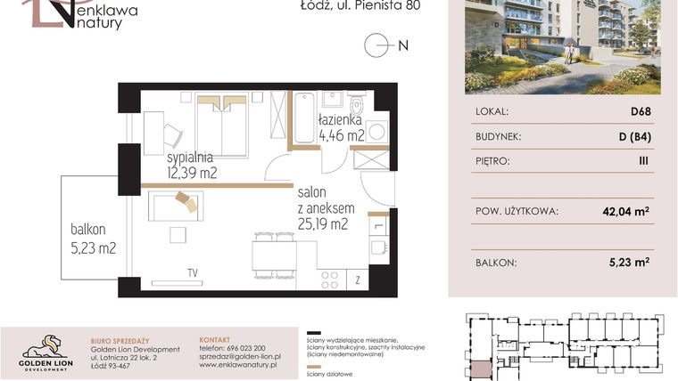 Rzut - Mieszkanie na sprzedaż 2 pokoje o powierzchni 42,04 m² - numer D68 w Enklawa Natury