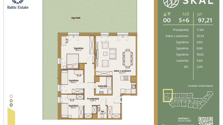Rzut - Mieszkanie na sprzedaż 1 pokój o powierzchni 97,21 m² - numer M.5+6 w Skal