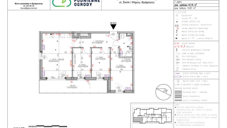 Rzut - Mieszkanie na sprzedaż 4 pokoje o powierzchni 67,76 m² - numer D.16 w Osiedle Podniebne Ogrody