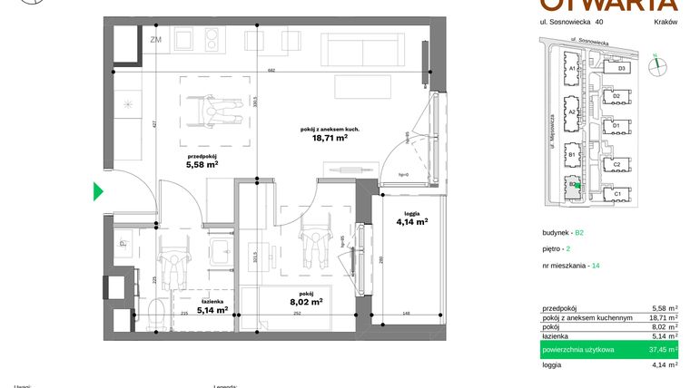 Rzut - Mieszkanie na sprzedaż 2 pokoje o powierzchni 37,45 m² - numer B2-14 w Forma Otwarta etap II