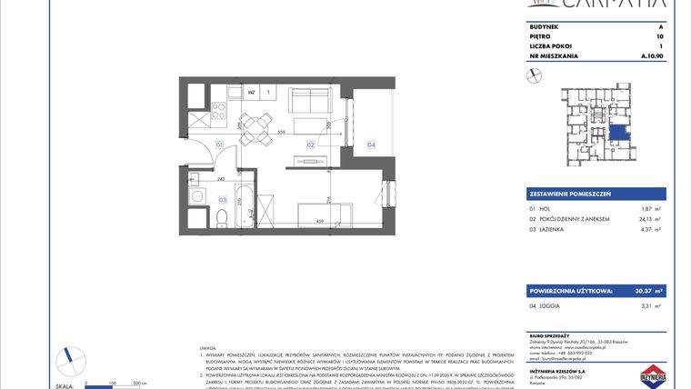 Rzut - Mieszkanie na sprzedaż 1 pokój o powierzchni 30,38 m² - numer A.10.90 w Osiedle Carpatia Etap III