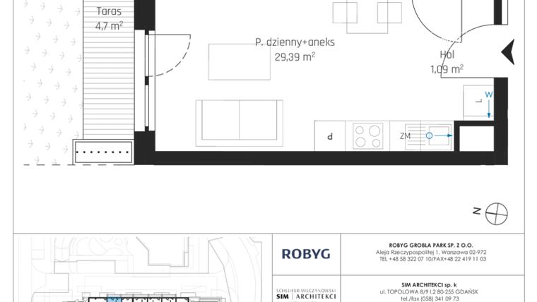 Rzut - Mieszkanie na sprzedaż 1 pokój o powierzchni 34,41 m² - numer I.0M04 w Nadmotławie Apartments etap I