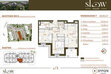 Rzut - Mieszkanie na sprzedaż 3 pokoje o powierzchni 49,16 m² - numer B4.2.7 w Osiedle SLOW