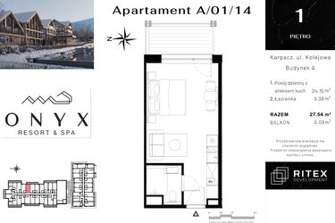 Rzut - Mieszkanie na sprzedaż 1 pokój o powierzchni 27,67 m² - numer NR 01.A14 w Onyx Resort & Spa