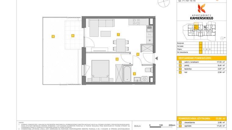 Rzut - Mieszkanie na sprzedaż 2 pokoje o powierzchni 33,8 m² - numer A8 w Apartamenty Kamieńskiego