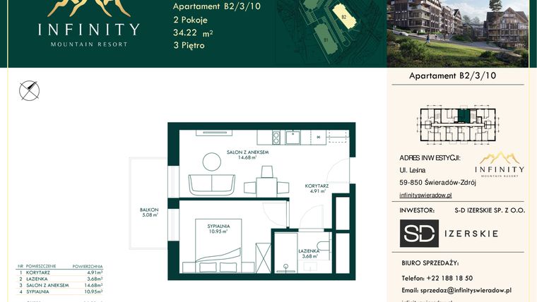 Rzut - Mieszkanie na sprzedaż 2 pokoje o powierzchni 34,22 m² - numer B2.3.10 w Infinity Mountain Resort