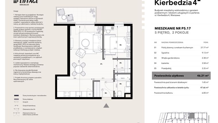 Rzut - Mieszkanie na sprzedaż 2 pokoje o powierzchni 46,21 m² - numer P5.17 w Kierbedzia 4