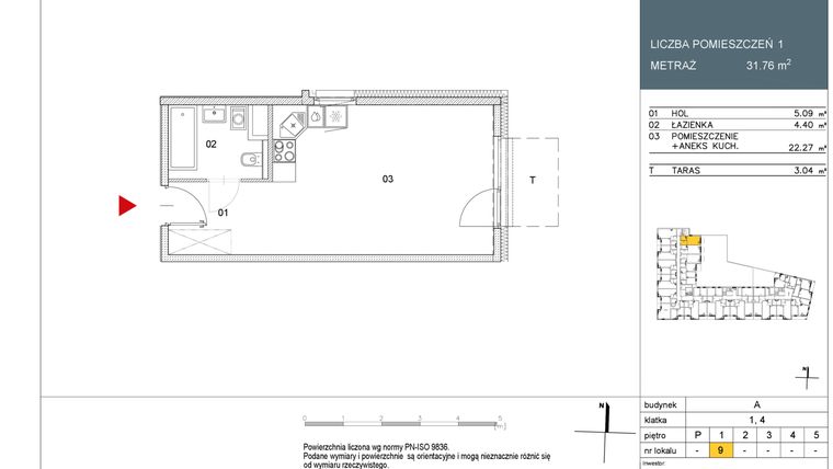Rzut - Mieszkanie na sprzedaż 1 pokój o powierzchni 31,76 m² - numer L9 w Morwowa 5 - Apartamenty inwestycyjne