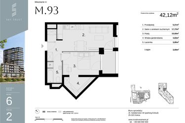 Rzut - Mieszkanie na sprzedaż 2 pokoje o powierzchni 42,12 m² - numer M93 w Sky Trust etap II