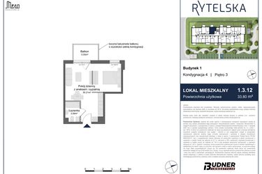 Rzut - Mieszkanie na sprzedaż 1 pokój o powierzchni 33,8 m² - numer 1.3.12 w Rytelska