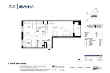 Rzut - Mieszkanie na sprzedaż 3 pokoje o powierzchni 64,28 m² - numer AA0204 w NU2 Warszawa Wola - apartamenty wykończone pod klucz