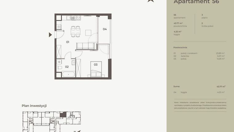 Rzut - Mieszkanie na sprzedaż 2 pokoje o powierzchni 43,77 m² - numer 56 w Monument
