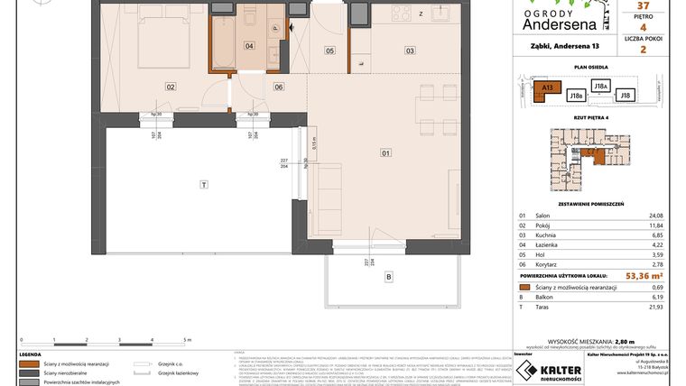 Rzut - Mieszkanie na sprzedaż 2 pokoje o powierzchni 53,36 m² - numer 37A w Ogrody Andersena