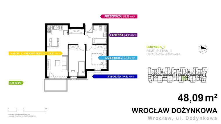 Rzut - Mieszkanie na sprzedaż 2 pokoje o powierzchni 48,09 m² - numer 3.A.3.7 w Murapol Zielone Bulwary