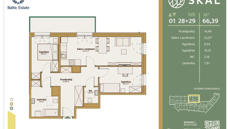 Rzut - Mieszkanie na sprzedaż 1 pokój o powierzchni 66,39 m² - numer M.28+29 w Skal
