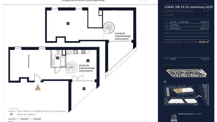 Rzut - Mieszkanie na sprzedaż 4 pokoje o powierzchni 93,03 m² - numer A23 w Rezydencja Zegrze etap II