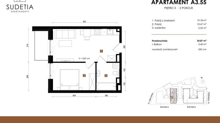 Rzut - Mieszkanie na sprzedaż 2 pokoje o powierzchni 34,87 m² - numer A 3.55 w Apartamenty Sudetia