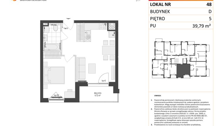 Rzut - Mieszkanie na sprzedaż 2 pokoje o powierzchni 39,79 m² - numer D.48 w Osiedle Warszawska etap II