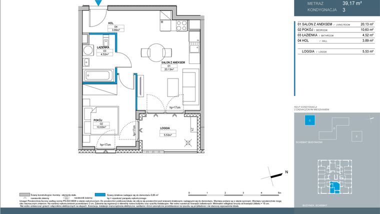 Rzut - Mieszkanie na sprzedaż 2 pokoje o powierzchni 39,21 m² - numer C.3.05 w Nordic Bemowo - etap IV