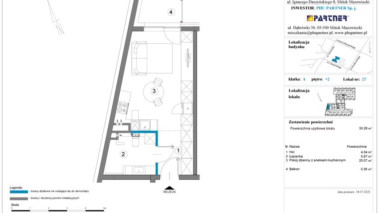 Rzut - Mieszkanie na sprzedaż 1 pokój o powierzchni 30,88 m² - numer A.2.27 w Daszyńskiego Square etap 1