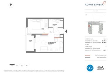 Rzut - Mieszkanie na sprzedaż 2 pokoje o powierzchni 39,82 m² - numer H.1.8 w Łopuszańska 47 - etap 3