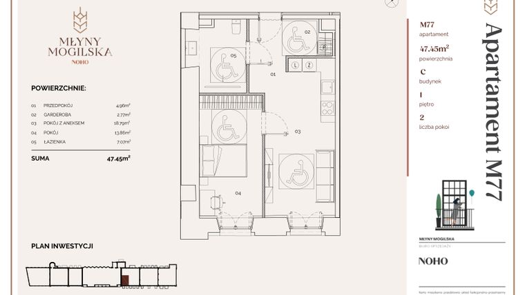 Rzut - Mieszkanie na sprzedaż 2 pokoje o powierzchni 47,45 m² - numer C.77 w Młyny Mogilska