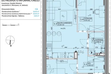 Rzut - Mieszkanie na sprzedaż 3 pokoje o powierzchni 54,95 m² - numer 93B w Osiedle Młodych etap VI
