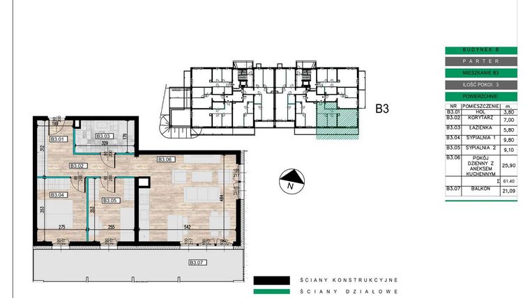 Rzut - Mieszkanie na sprzedaż 3 pokoje o powierzchni 61,4 m² - numer B03 w Lwowska 14