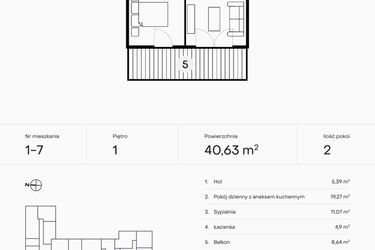Rzut - Mieszkanie na sprzedaż 2 pokoje o powierzchni 40,63 m² - numer 1-7 w Pączka 1