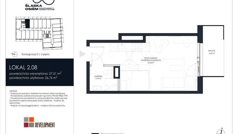 Rzut - Mieszkanie na sprzedaż 1 pokój o powierzchni 27,51 m² - numer 2.08 w Śląska Osiem