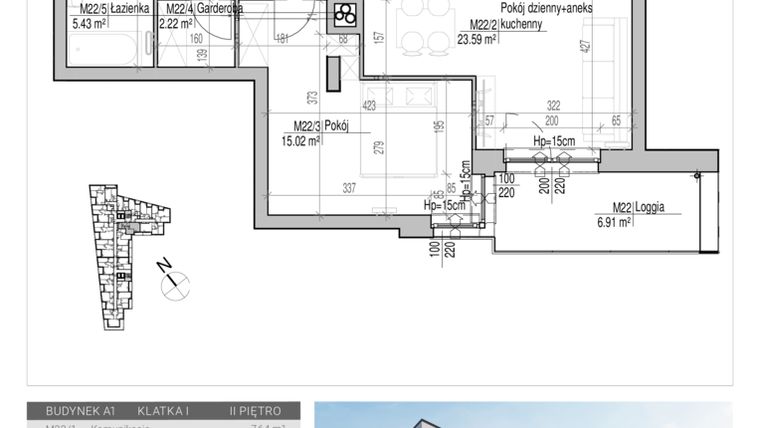 Rzut - Mieszkanie na sprzedaż 2 pokoje o powierzchni 53,9 m² - numer 22 w Aleja