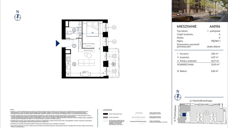Rzut - Mieszkanie na sprzedaż 1 pokój o powierzchni 33,93 m² - numer AA0106 w Niedziałkowskiego Park
