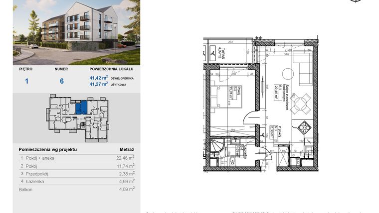 Rzut - Mieszkanie na sprzedaż 2 pokoje o powierzchni 41,27 m² - numer 6 w Balantia