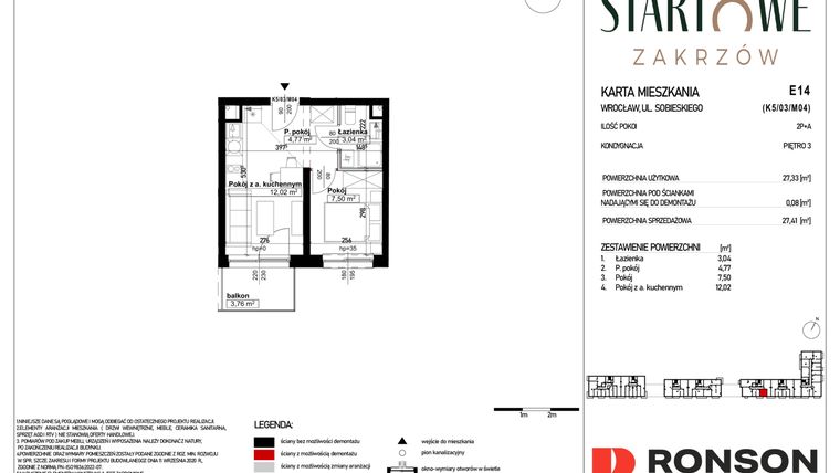 Rzut - Mieszkanie na sprzedaż 2 pokoje o powierzchni 27,41 m² - numer E14 w Osiedle Startowe