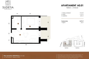 Rzut - Mieszkanie na sprzedaż 2 pokoje o powierzchni 36,29 m² - numer A 0.01 w Apartamenty Sudetia