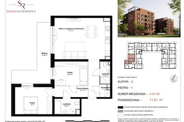 Rzut - Mieszkanie na sprzedaż 3 pokoje o powierzchni 71,81 m² - numer A-01-04 w Siedlecka Residence