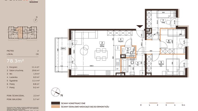 Rzut - Mieszkanie na sprzedaż 4 pokoje o powierzchni 78,3 m² - numer C8 w Domkove Widzew