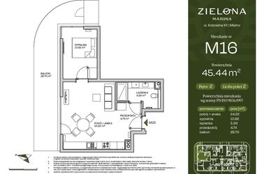 Rzut - Mieszkanie na sprzedaż 2 pokoje o powierzchni 45,44 m² - numer M16 w Zielona Marina - Apartamenty inwestycyjne