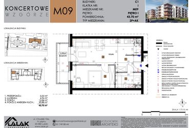 Rzut - Mieszkanie na sprzedaż 2 pokoje o powierzchni 43,7 m² - numer C1_M9 w Koncertowe Wzgórze etap II