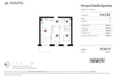 Rzut - Mieszkanie na sprzedaż 2 pokoje o powierzchni 51,5 m² - numer 4.A.2.02 w Murapol Osiedle Dynamiq